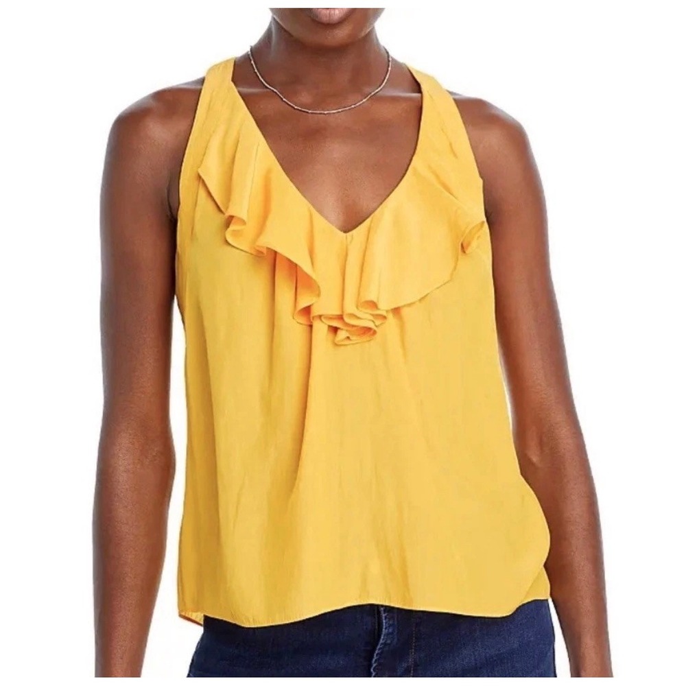 Ramy Brook Yellow Nellie Ruffle Halter Top S‎ Small Satin Draped V-Neck Blouse